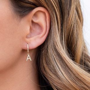New 18K Gold Vermeil Sterling Silver 925 Crystal Letter A Hoops earrings set